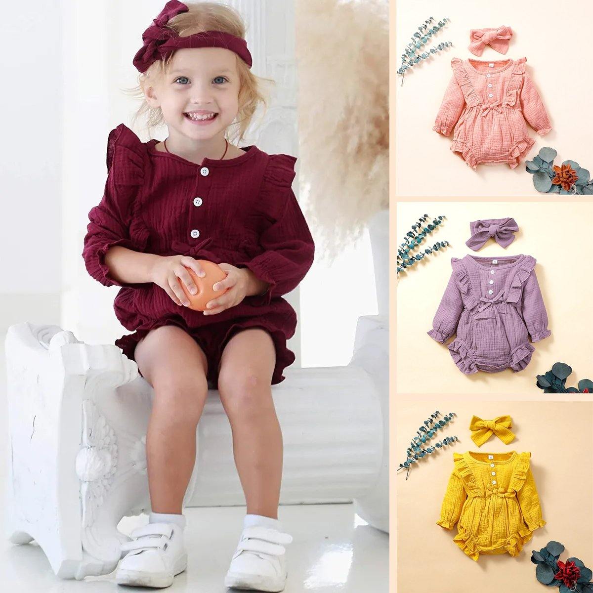 Baby girl in pink ruffle romper with white bowtie, matching headband, perfect for infant photoshoot.