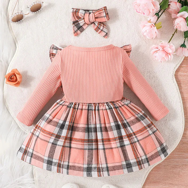 Toddler girl plaid princess dress with short sleeves, full view, party wear, infant clothing