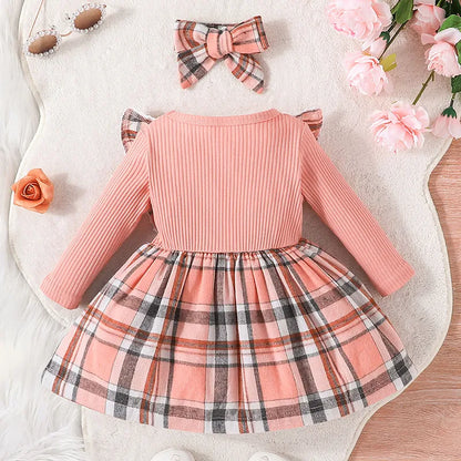 Toddler girl plaid princess dress with short sleeves, full view, party wear, infant clothing
