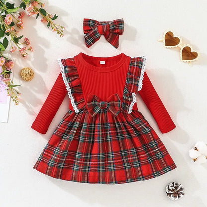 Little girl smiling, wearing a stylish plaid princess dress, perfect for toddlers 3-36 months