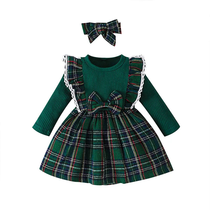 Infant girl's plaid dress, showcasing the round neckline and puff sleeves, comfortable fashion