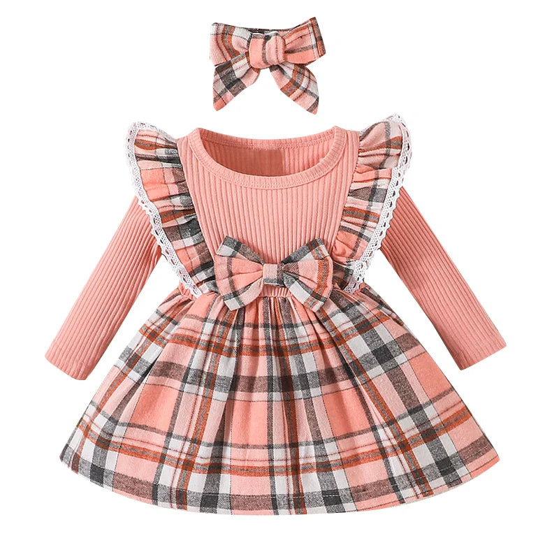 Side profile of a toddler wearing a charming plaid princess dress, soft cotton material