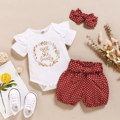 Baby girl in polka dot romper, shorts & headband set, perfect for summer casual wear