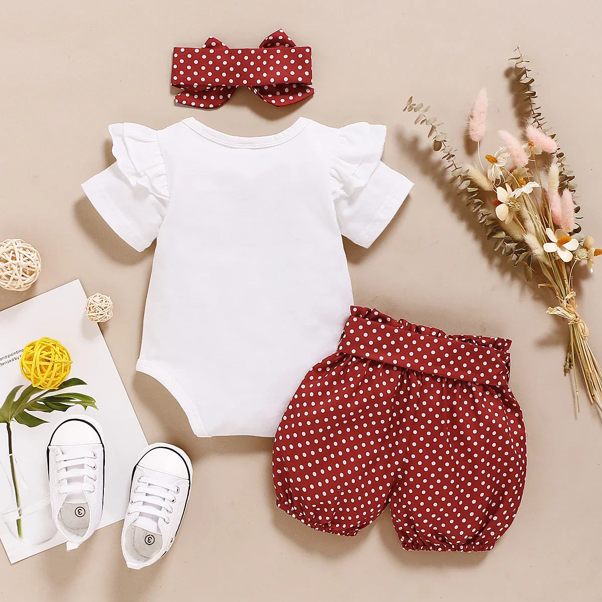 Adorable infant girl's 3-piece summer outfit with red polka dots & matching headband