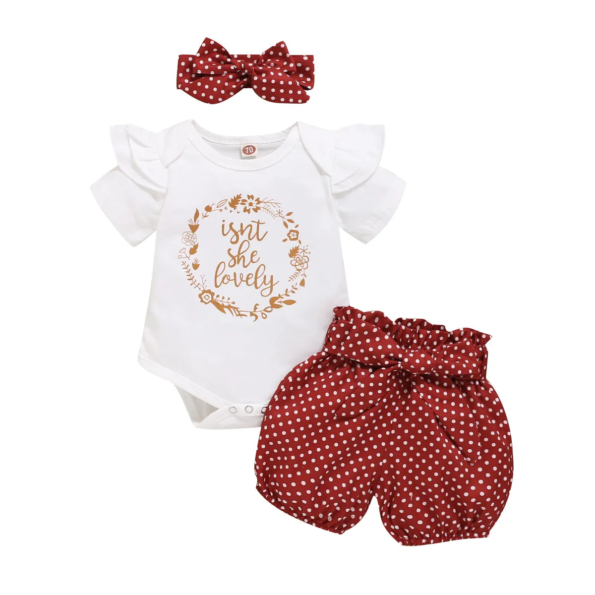 Baby girl's casual polka dot romper & shorts set with a stylish matching headband