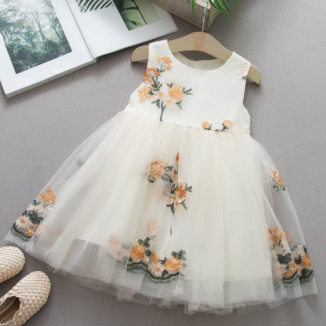 Toddler girl's floral embroidered dress, sleeveless, round neck, ideal for spring/summer casual wear.