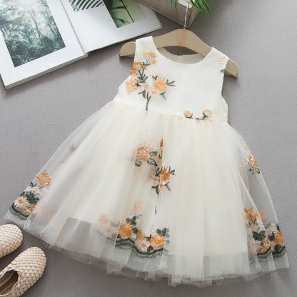 Toddler girl's floral embroidered dress, sleeveless, round neck, ideal for spring/summer casual wear.