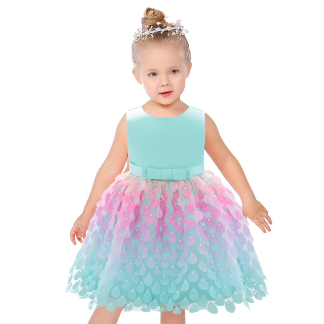 Baby girl in sleeveless mermaid princess party dress with pink petal skirt, knee-length, perfect for special occasions