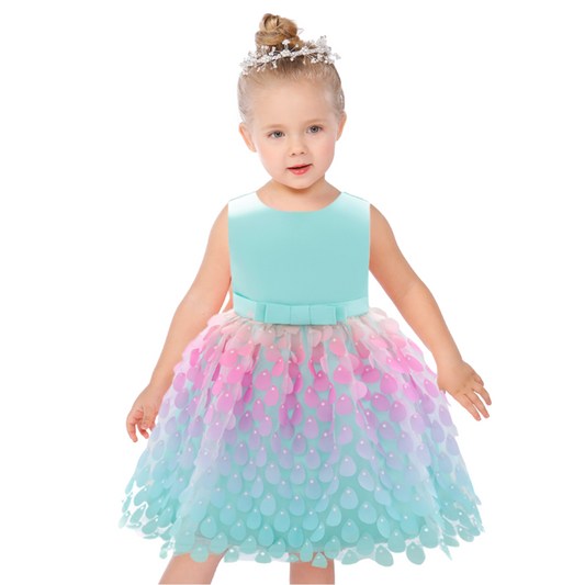Baby girl in sleeveless mermaid princess party dress with pink petal skirt, knee-length, perfect for special occasions