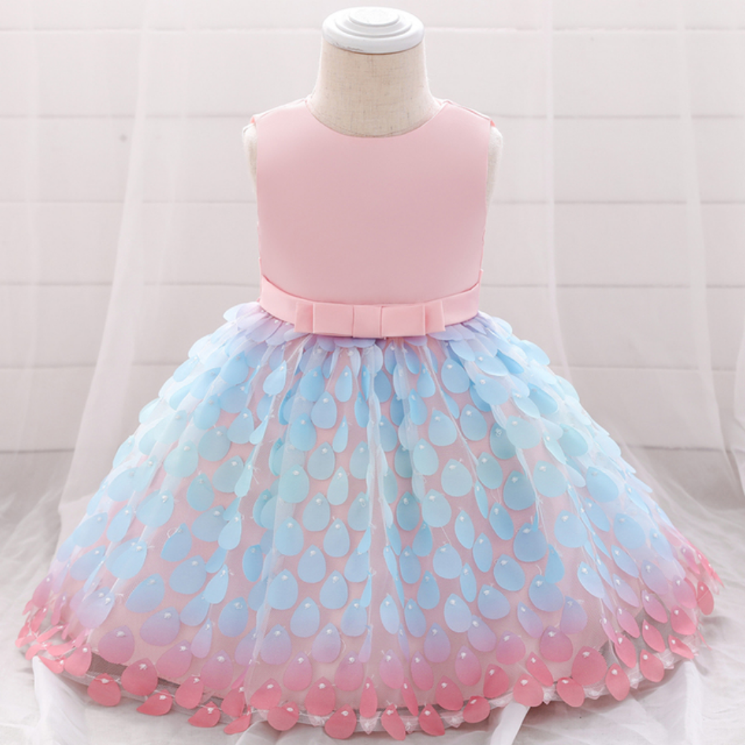 Sleeveless knee-length mermaid princess dress for baby girls, intricate scales on top, soft pink petal bottom