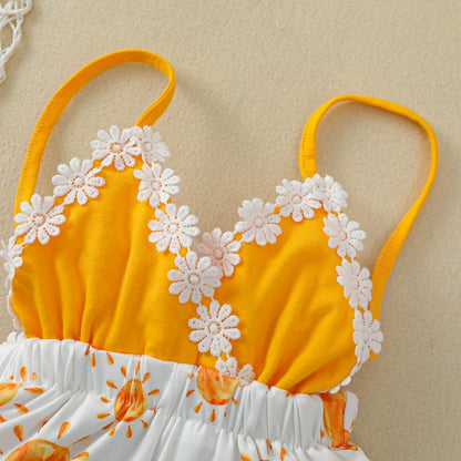 Back view of a baby girl's sleeveless romper with cheerful sun print pattern, toddler fashion