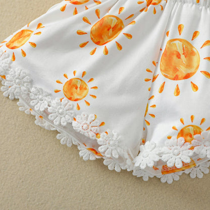 Sleeveless baby girl romper with all-over sun print, sweet and stylish newborn clothes