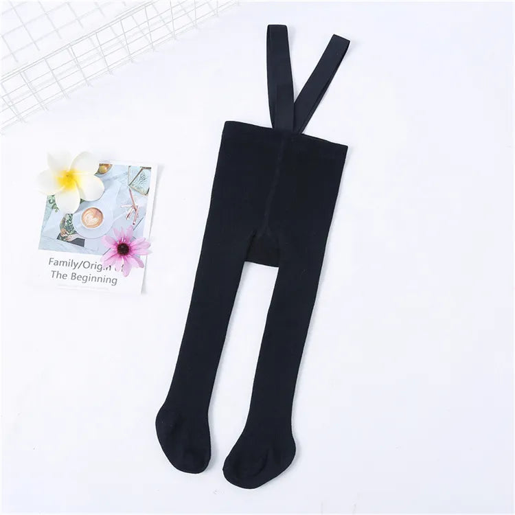 Soft cotton knit tights with shoulder straps for infants, breathable and gentle on baby's skin.