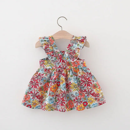 Toddler girl's vintage floral summer dress & straw bag set. Comfortable A-line cotton design for play.