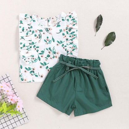 Toddler fashion: green cotton blend shorts with an elastic waistband, part of a two-piece set