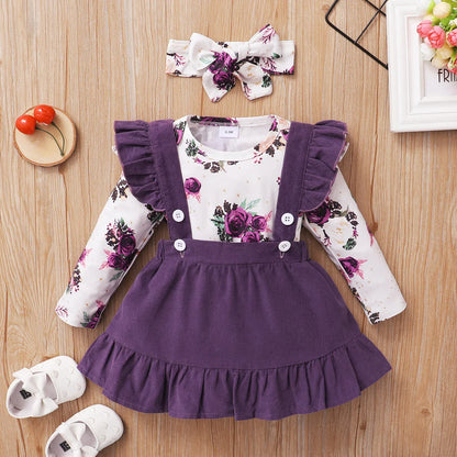 Two-piece baby clothing set featuring a long-sleeve floral romper and a stylish brown skirt.