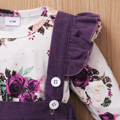 Chic brown suspender skirt for baby girls, matching a floral romper, suitable for multi-season wear.