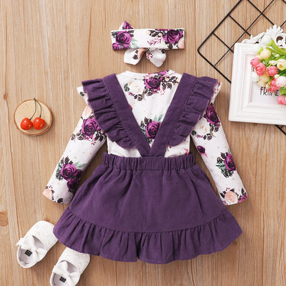 Spring baby clothes: light and airy floral romper, paired with a cute brown suspender skirt for girls.