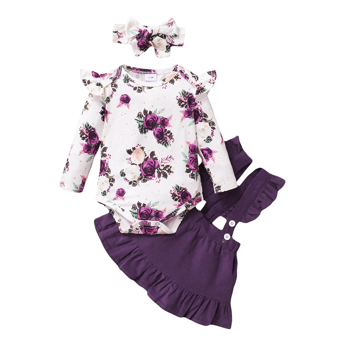 Detail shot of the brown suspender skirt with adjustable straps, matched with a floral baby romper.