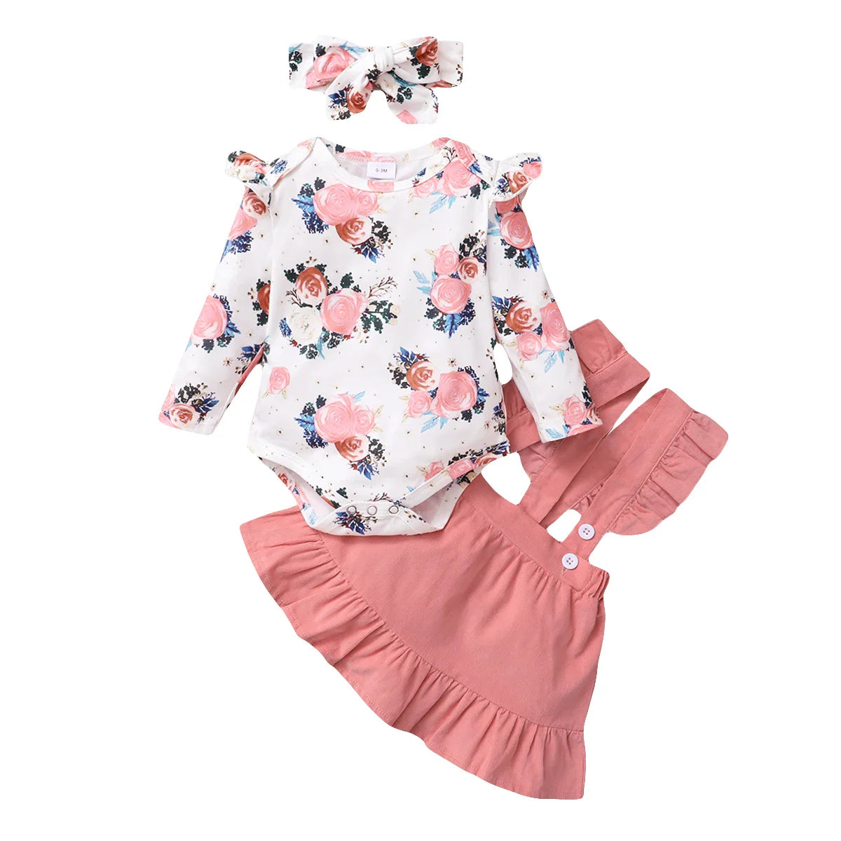 Baby girl modeling a complete floral romper and suspender skirt outfit, ideal for everyday wear.