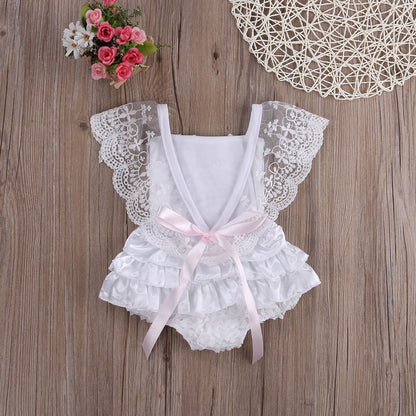 Close-up of Princess Lace Bodysuit Dress for baby girls, featuring delicate lace and soft cotton fabric.