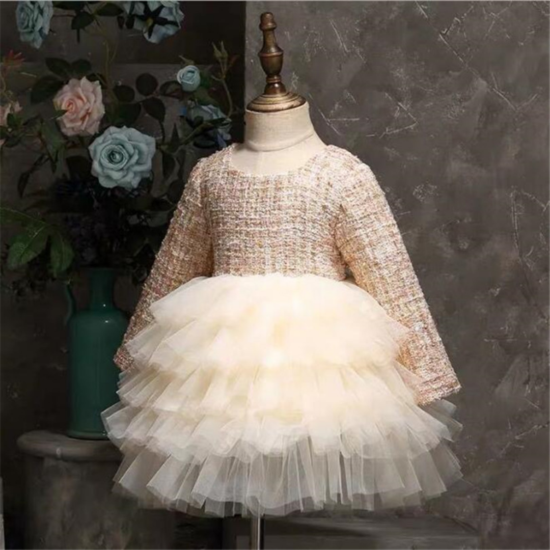 Close-up of baby girl lace ruffle cotton long sleeve dress for toddlers, autumn fashion
