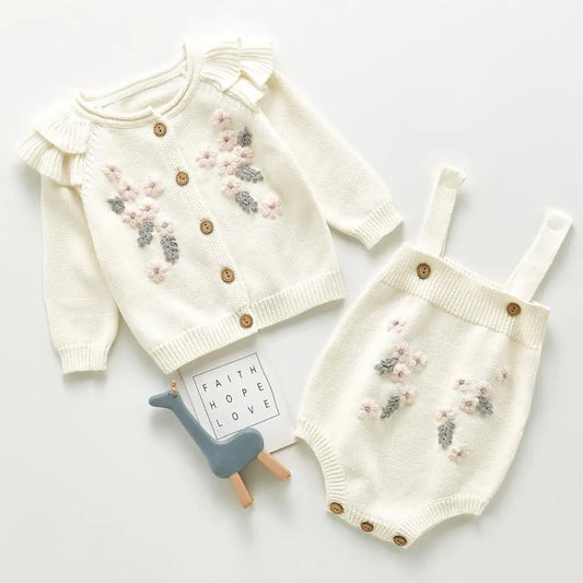 Baby girl knitted romper & cardigan set with delicate flower embroidery, perfect for autumn. Infant cotton outfit.
