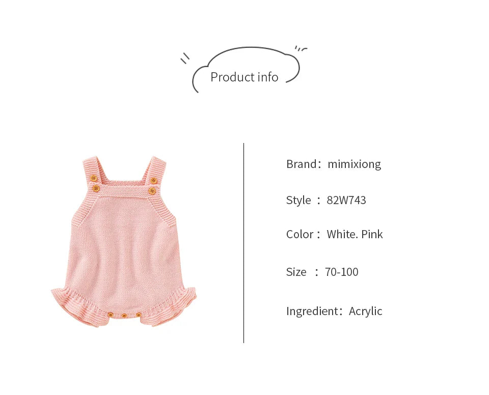 Comfortable pink knitted baby romper with gentle square collar, newborn clothing