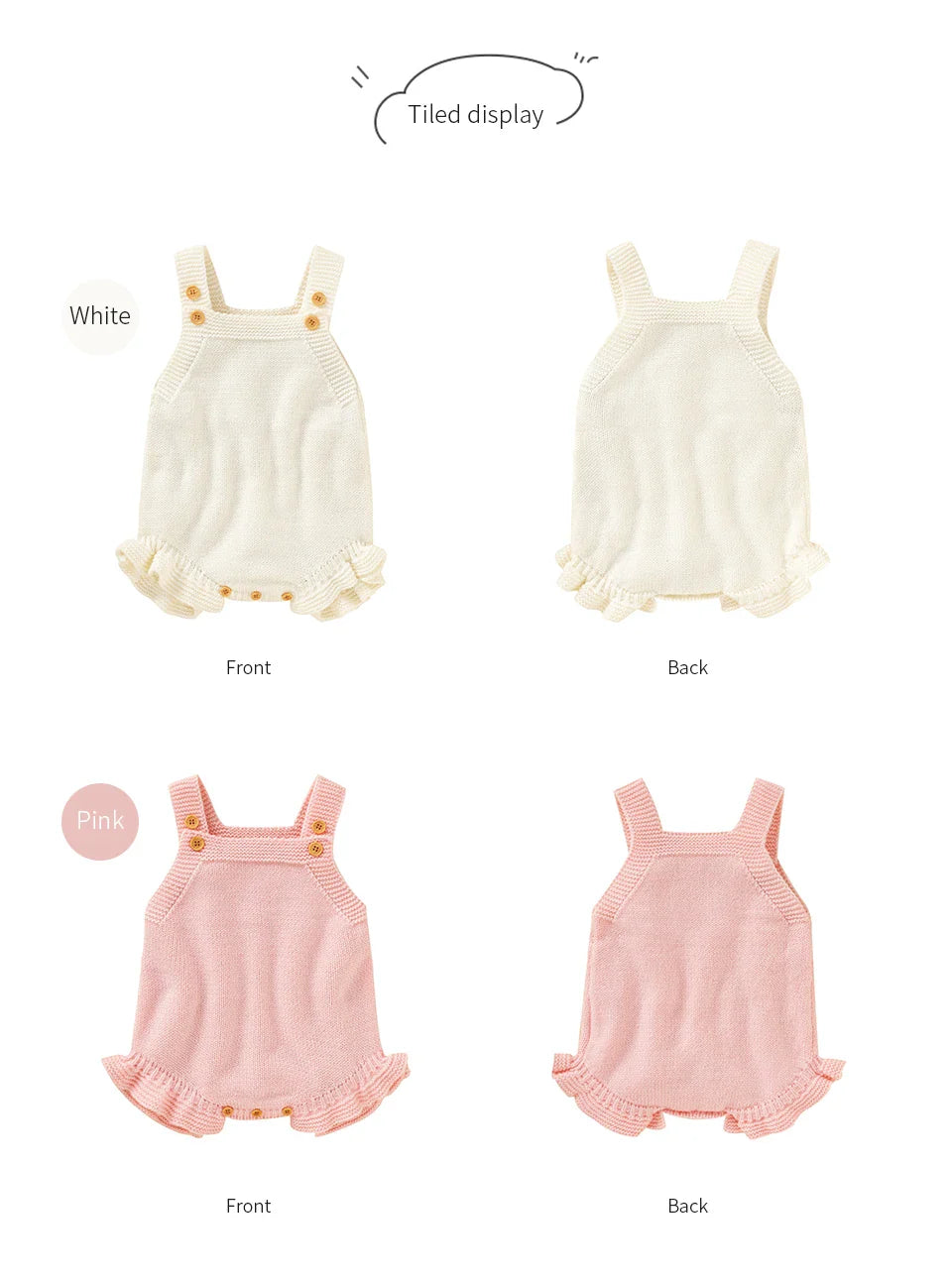 Baby wearing a cute pink knitted romper, square neck, freedom of movement