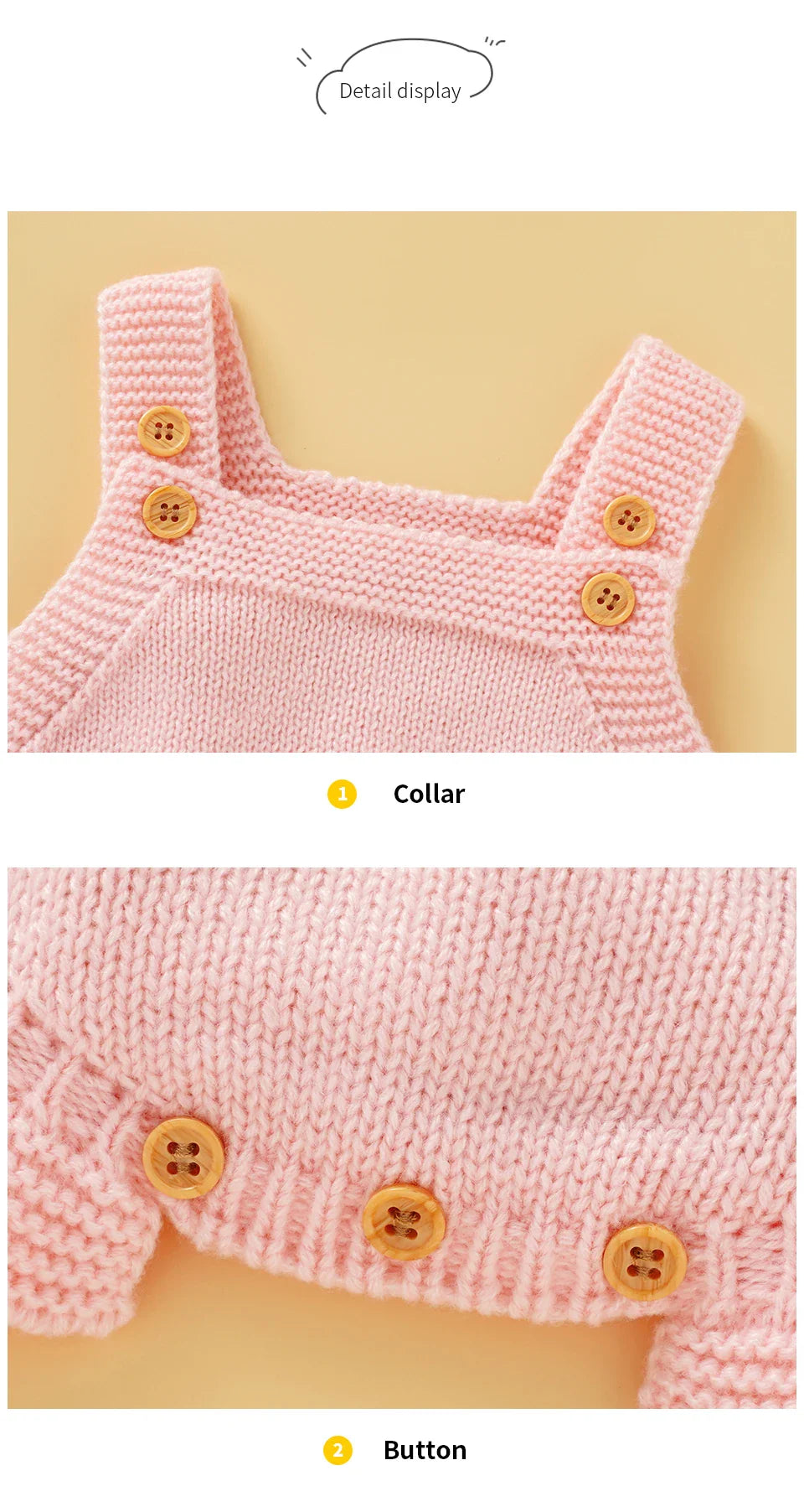 Pink knitted summer romper for baby girls, featuring a sweet square collar