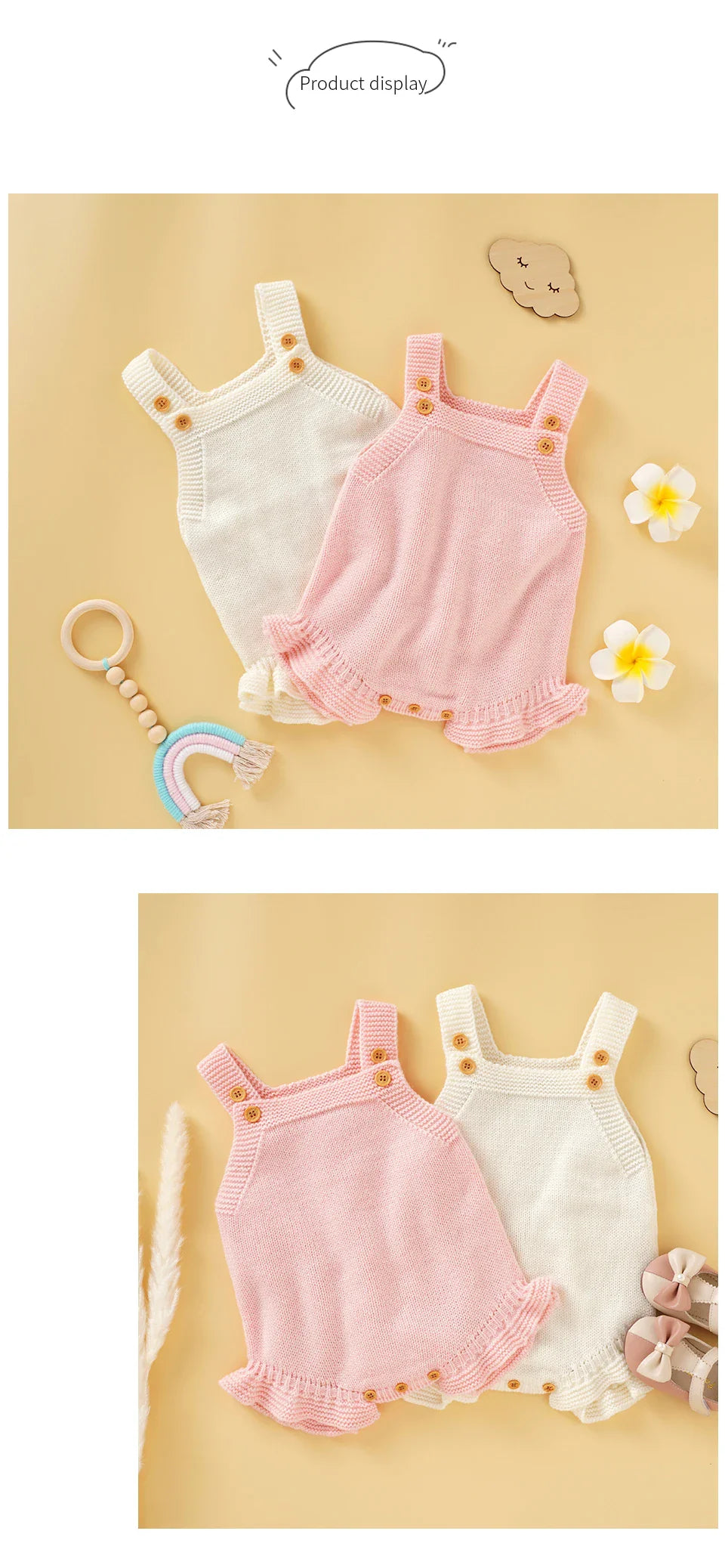 Fashionable baby girl knitted romper, pink, square collar, versatile summer wear