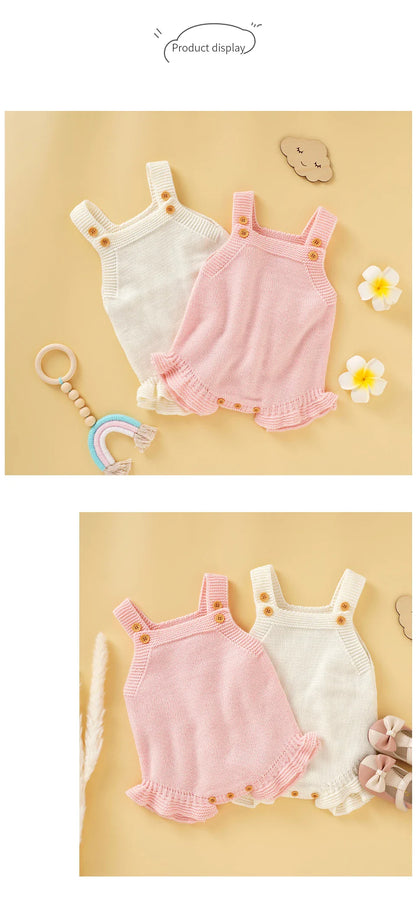 Fashionable baby girl knitted romper, pink, square collar, versatile summer wear