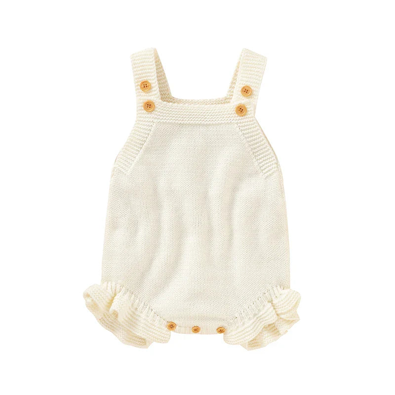 Knitted baby romper in light pink, square neck, a charming summer outfit for infants