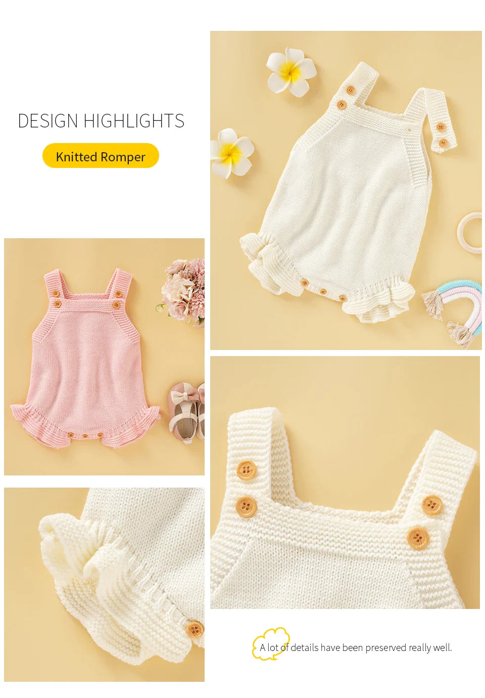 High-quality knitted baby romper in pink with elegant square collar, baby gift