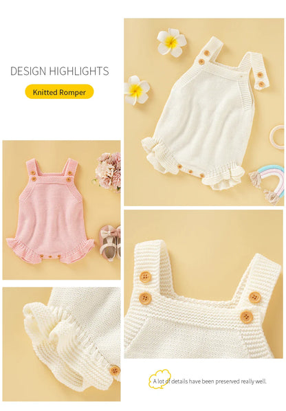 High-quality knitted baby romper in pink with elegant square collar, baby gift