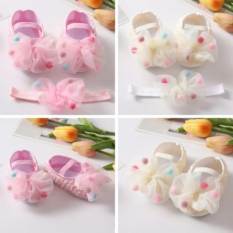 Baby girl spring autumn footwear, soft sole pink shoes with sweet bow and flower accents