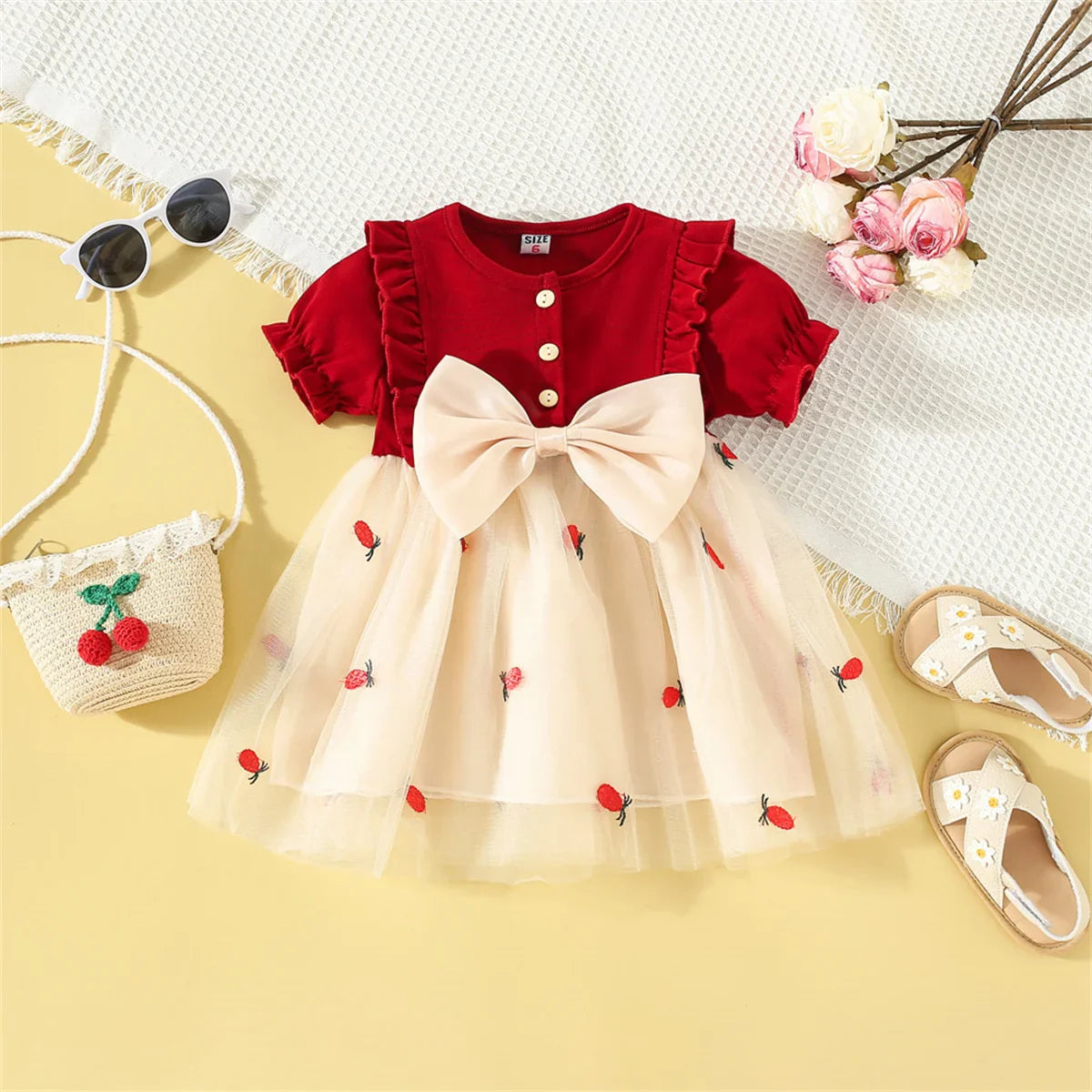 Baby girl pink cotton mesh dress with bow, short sleeve, knee length, for summer