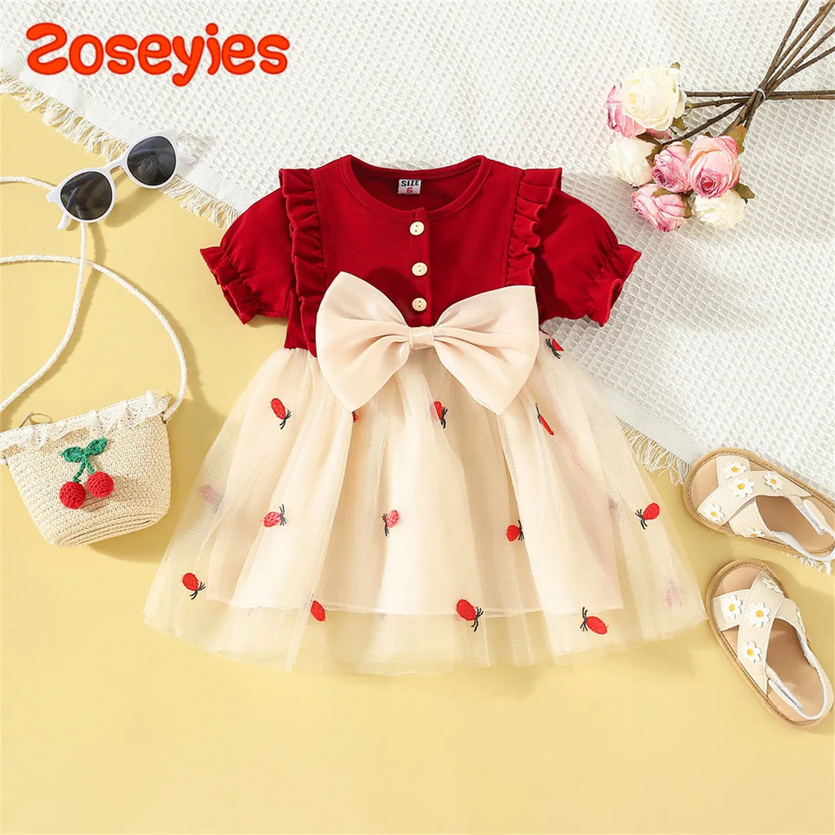 Adorable infant girl white cotton mesh dress with bow, short sleeve, summer fashion