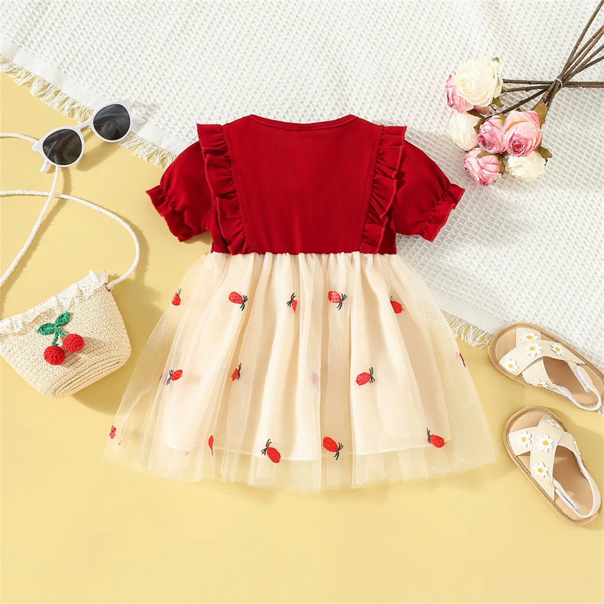 Toddler girl blue cotton mesh dress with cute bow, short sleeve, perfect for summer