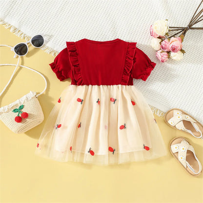 Toddler girl blue cotton mesh dress with cute bow, short sleeve, perfect for summer