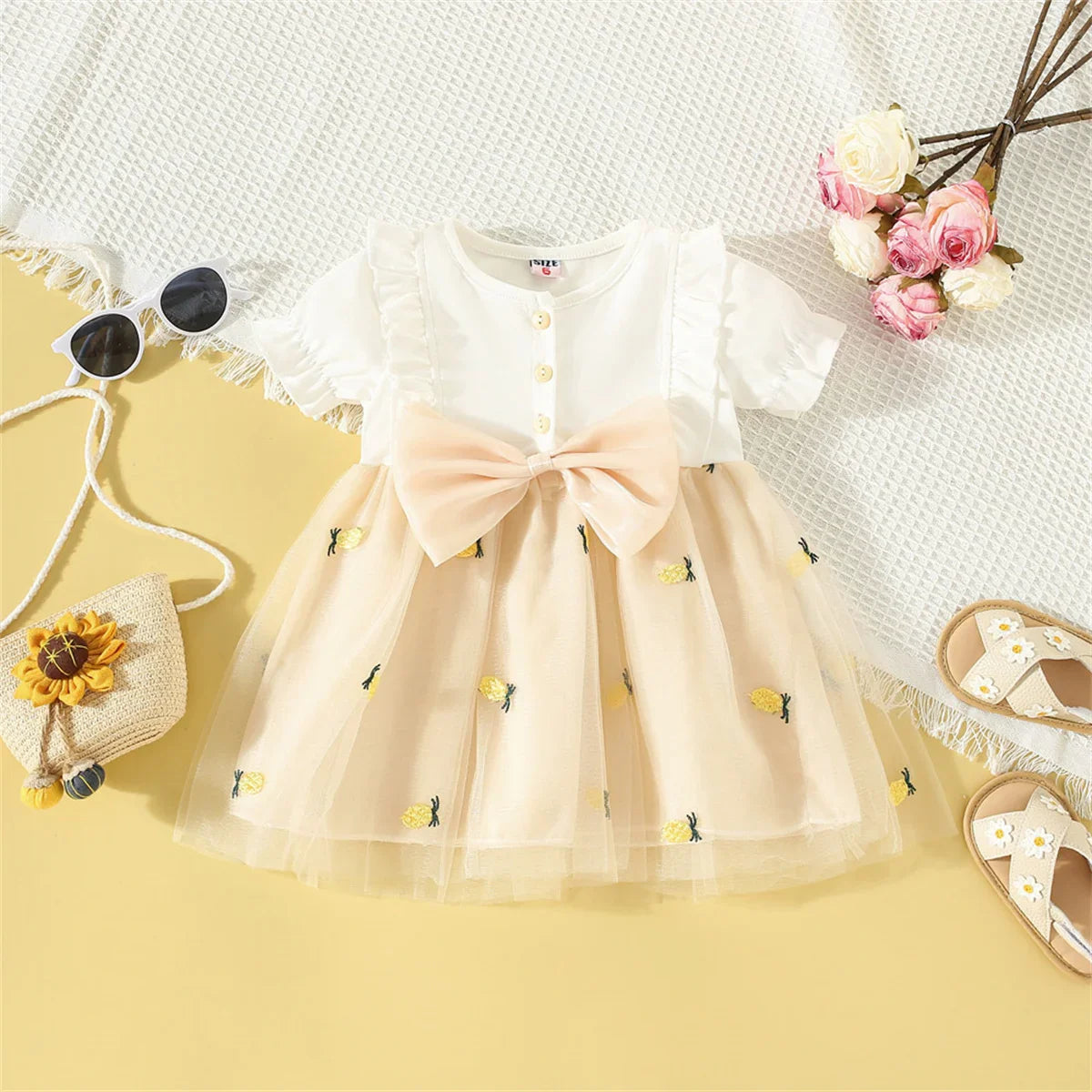 Soft cotton mesh dress for a baby girl, light and airy, perfect for summer outings