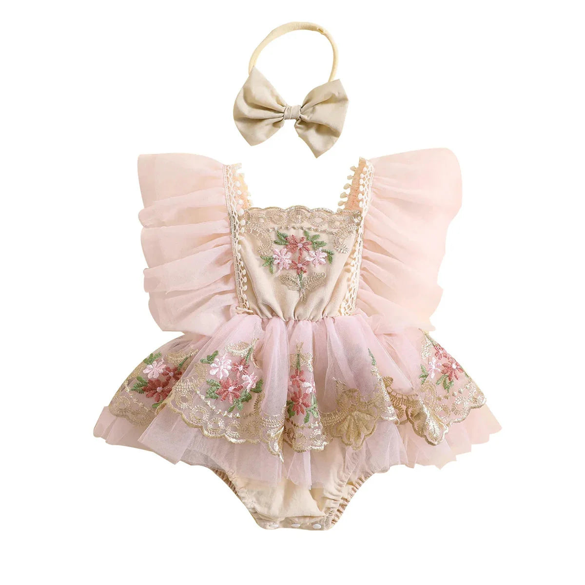 Full view of a baby girl princess romper and headband set, featuring soft fabric and floral details.