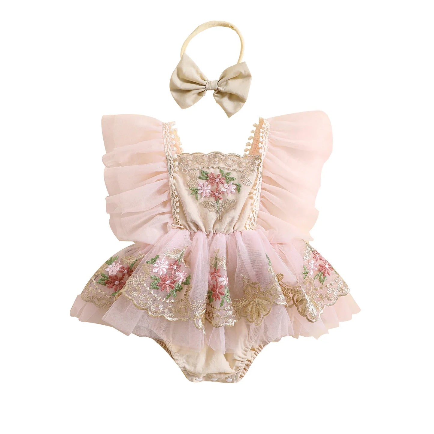 Toddler dress: Princess romper with floral embroidery for baby girls aged 0-24 months, with headband.