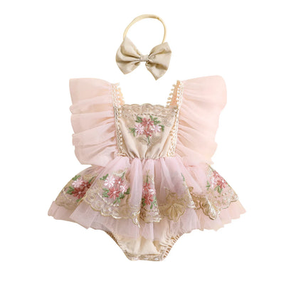 Toddler dress: Princess romper with floral embroidery for baby girls aged 0-24 months, with headband.