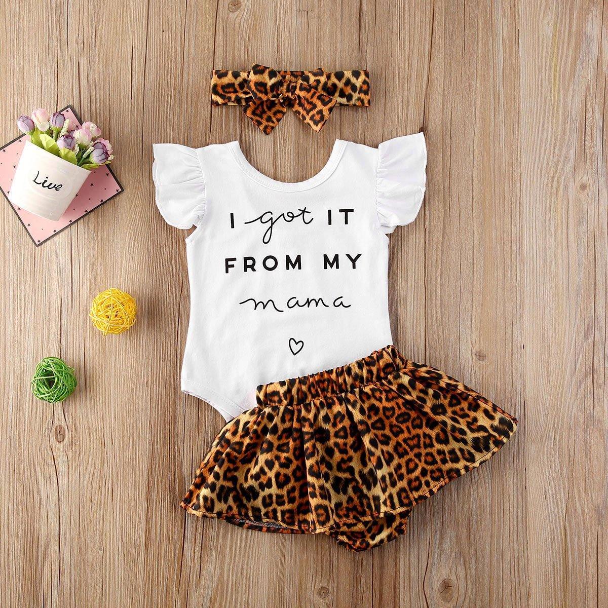 Baby girl romper with 'I Got It From My Mama' text, leopard skirt, and matching headband on white background