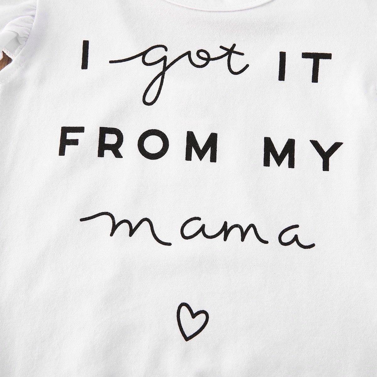 Cute baby girl outfit: cotton romper with Mama slogan, layered leopard print skirt, and matching bow headband