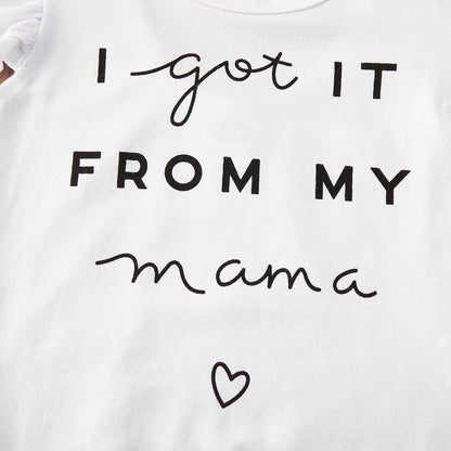 Cute baby girl outfit: cotton romper with Mama slogan, layered leopard print skirt, and matching bow headband
