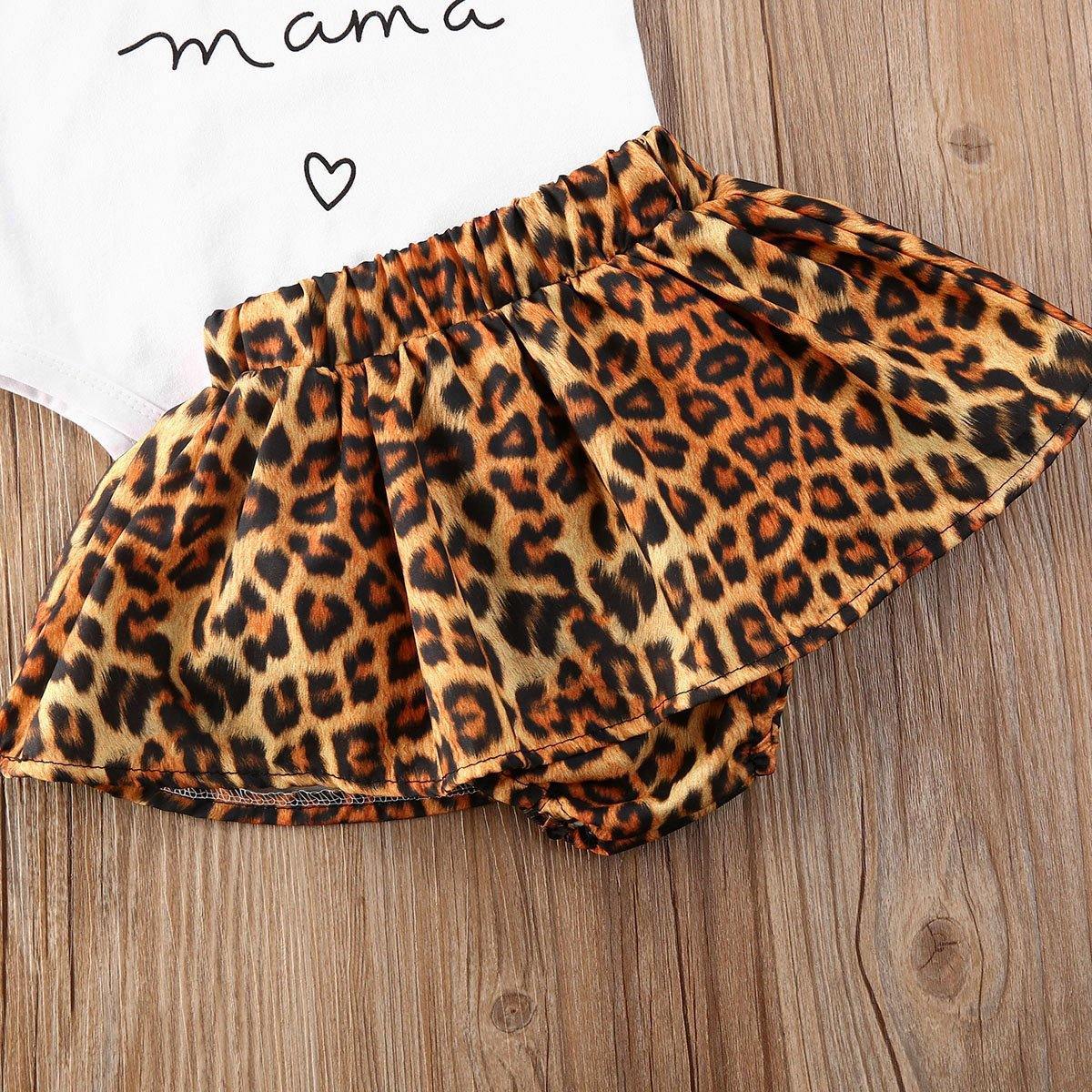 Fashionable baby girl clothes set: 'I Got It From My Mama' romper, animal print skirt, and soft knot headband