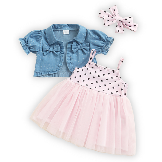 Baby girl's 3-piece hearts & dots summer dress outfit with tulle dress, denim jacket, headband
