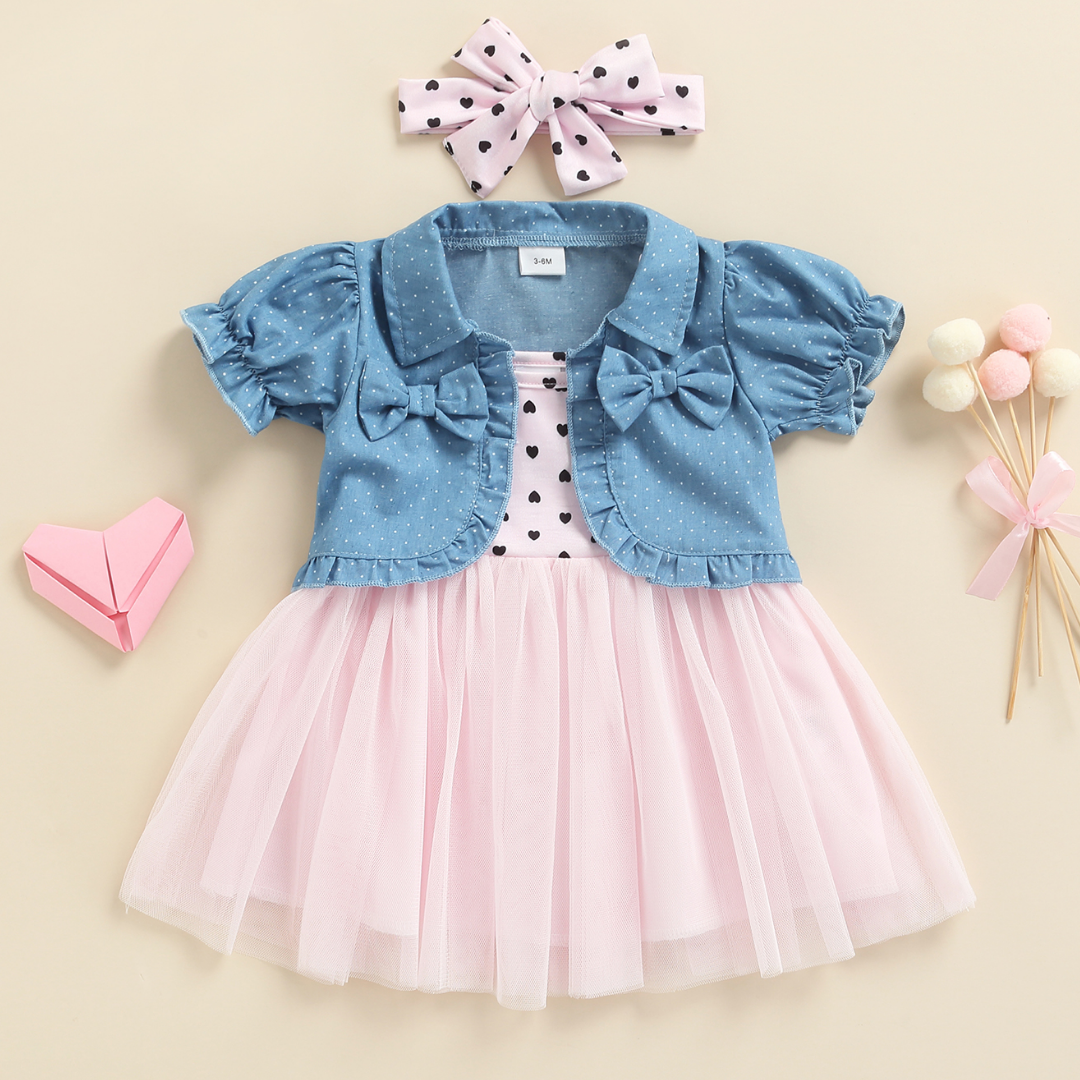 Cute infant girl's summer dress outfit featuring a heart-patterned tulle dress and denim jacket